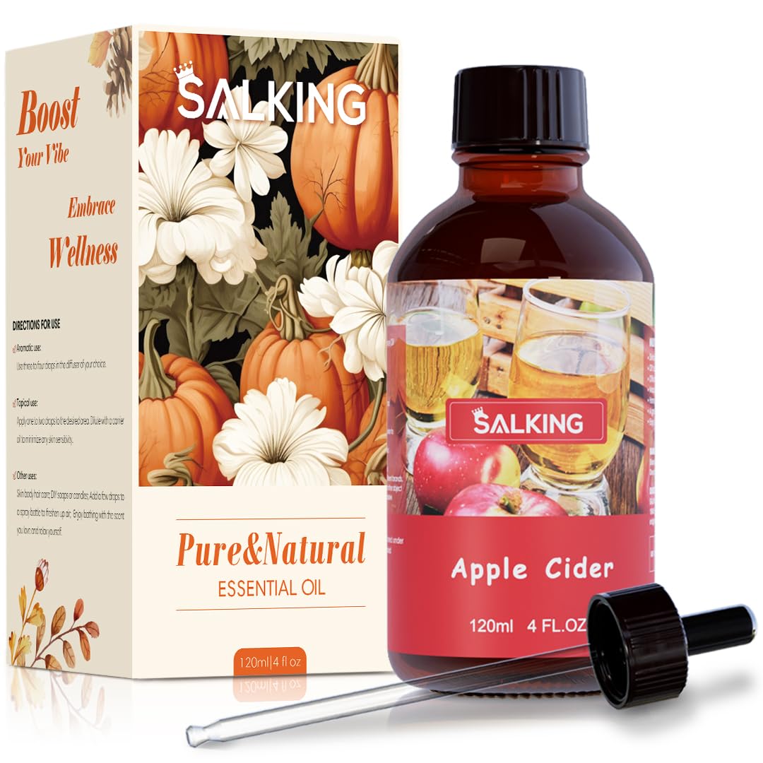 SALKING Apple Cider Fragrance Oil, 120ml (4 Fl Oz) Premium Essential Oils for Diffuser, Candle Scents for Candle Making, Soap Making Supplies, Autumn Scented Diffuser Oil, Halloween Thanksgiving Gift