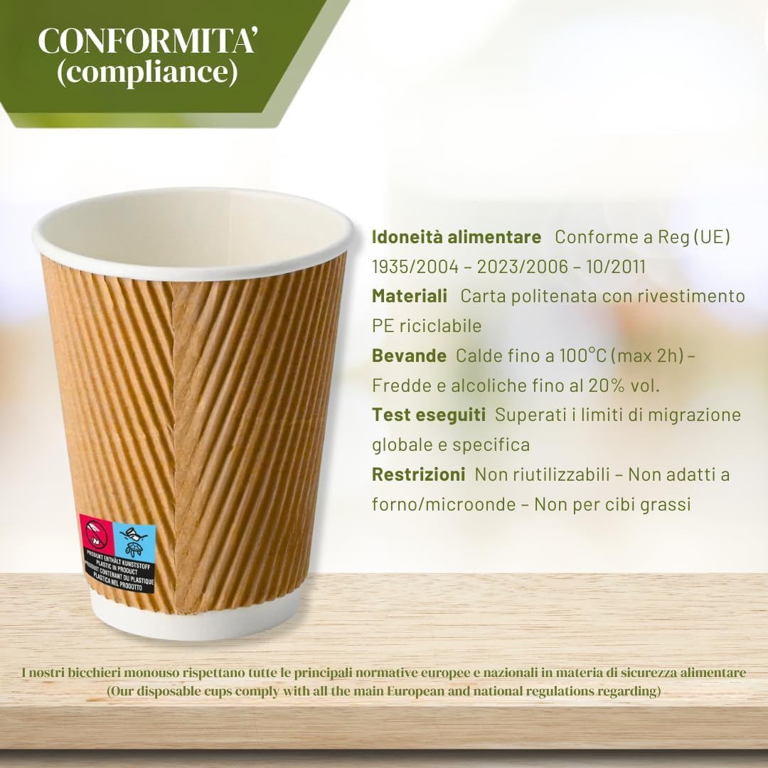 ECOVELO Gobelets en papier ondulé coupe jetable triple couche double paroi isolante Havane Beige – recyclables PE à emporter restauration pour café long, thé, Cappuccino, Cocktail, tisane, vin (350 ml