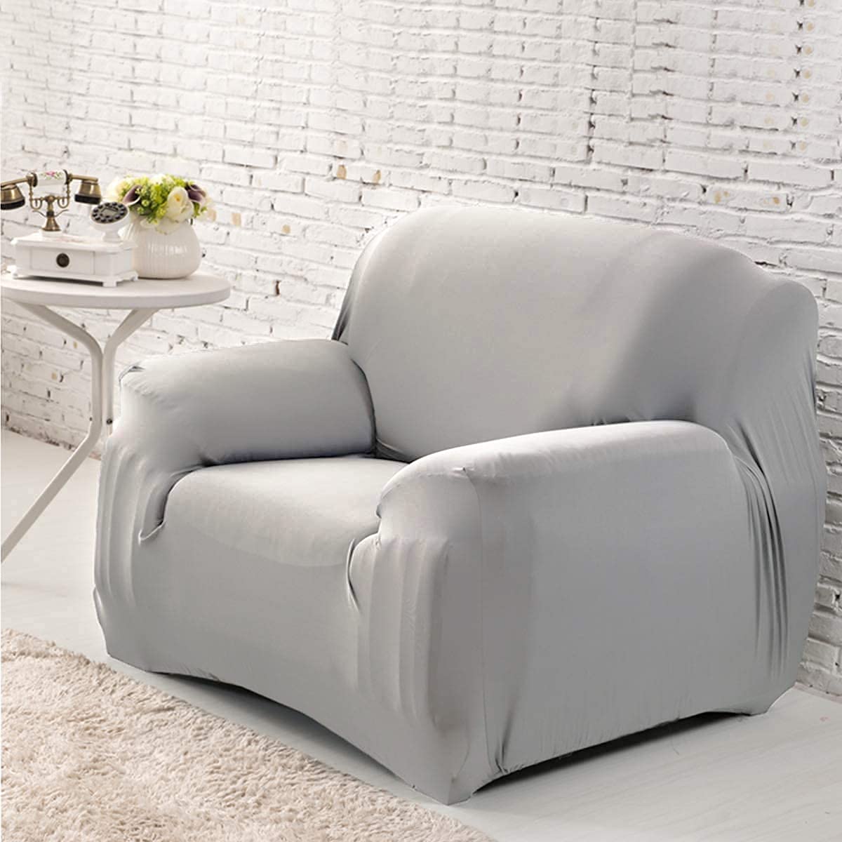 ThinsGo Sofa Slipcovers, Solid color High Stretch Sofa Covers 1 2 3 4 Seater Non Slip Slipcover Furniture Protector, Stretch fabric sofa cover, Washable (1pcs Free Pillowcase) (Light Grey,1 Seater)