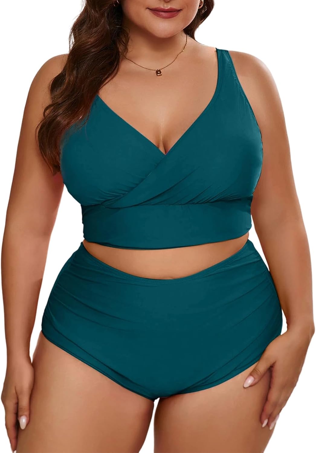 Eytino Womens Plus Size Bikini Sets High Waisted V Neck Bahting Suits Two Piece Color Block Swimsuits(1X-5X)