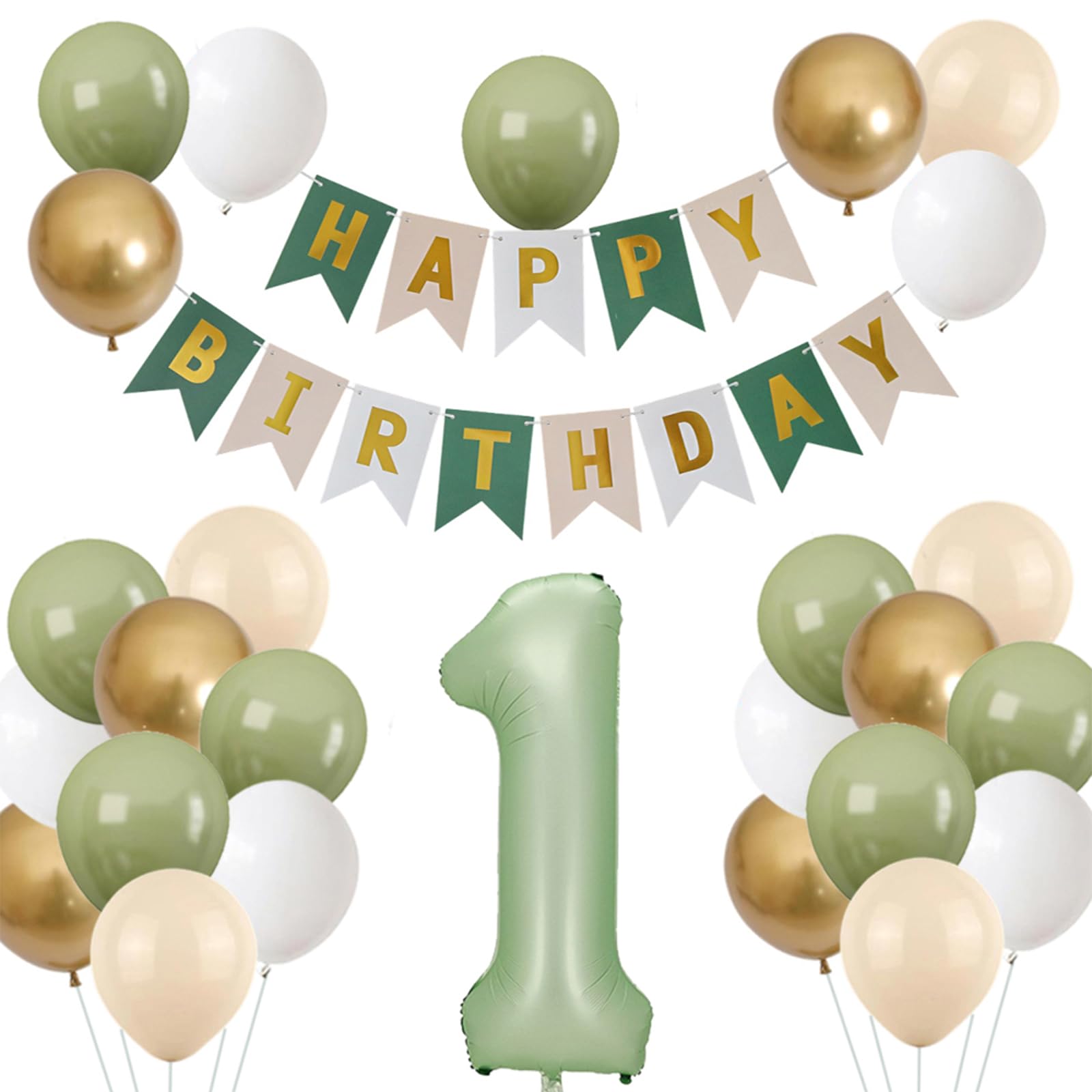 Sage Green 1st Birthday Decorations Boy, First Birthday Balloons with Happy Birthday Banner, 1 Year Old Boy Birthday Decorations, Olive Cream Metallic Gold Number 1 Balloon Set for Party Decor