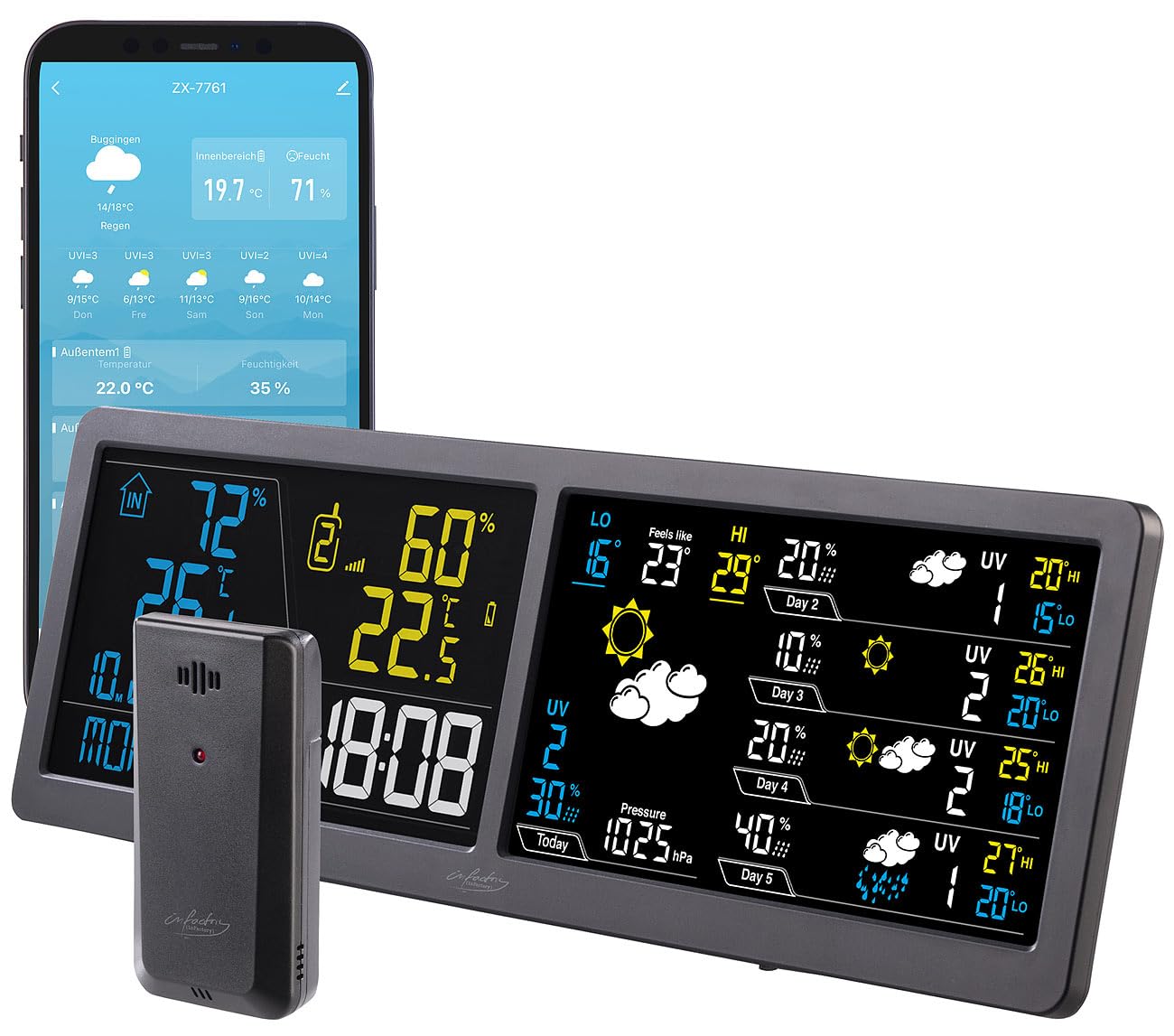 infactory Wanduhr: WLAN-Funk-Wetterstation mit Widescreen-VA-Display, Außensensor und App (Farbwetterstation, Luftfeuchtigkeitmessgerät, Frost)