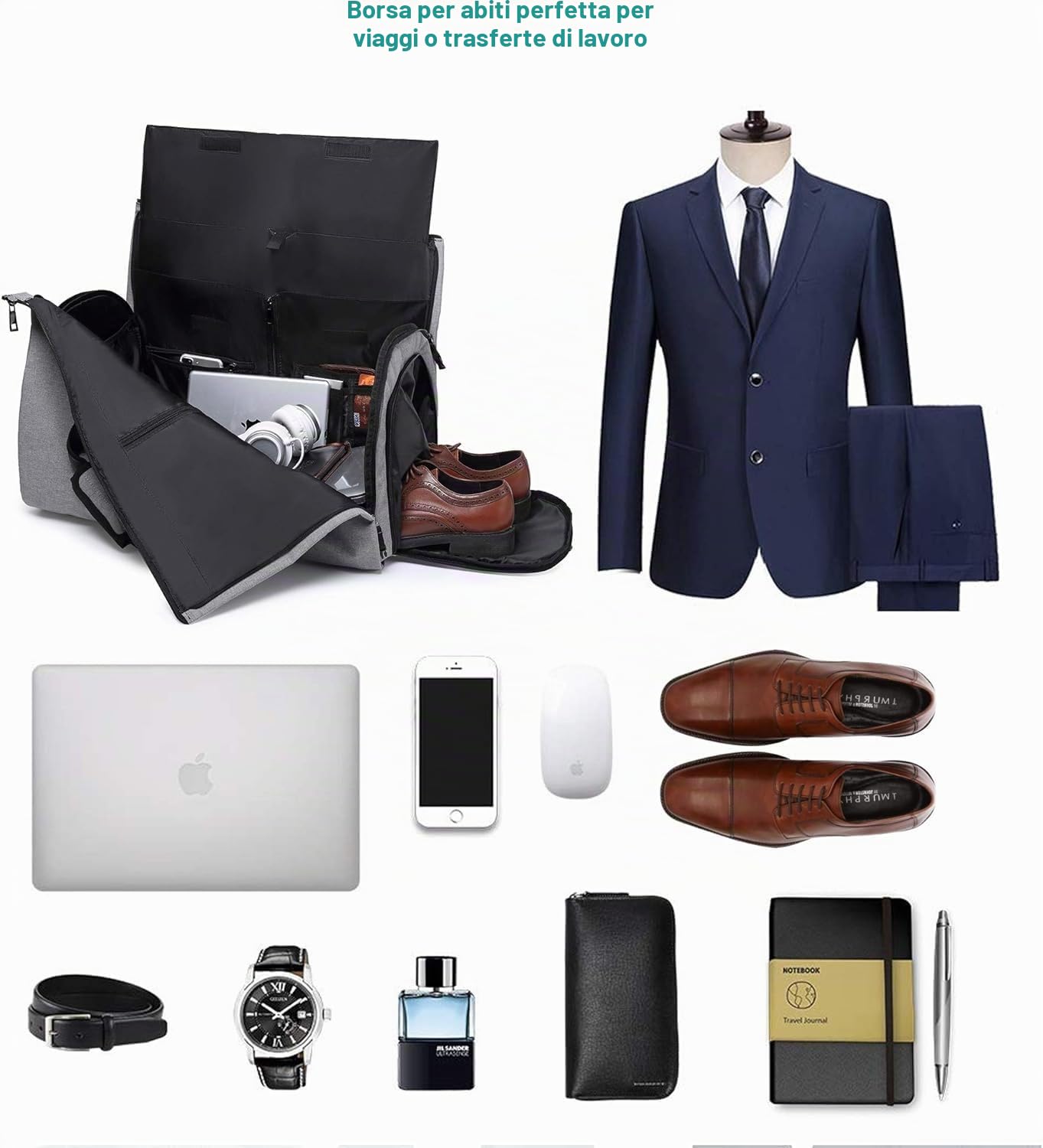 ComfyDegree Borsa per indumenti da viaggio, borsone convertibile - Borsa per abito 2 in 1, zaino impermeabile, borsa da volo per weekend lungo, pieghevole, Grigio