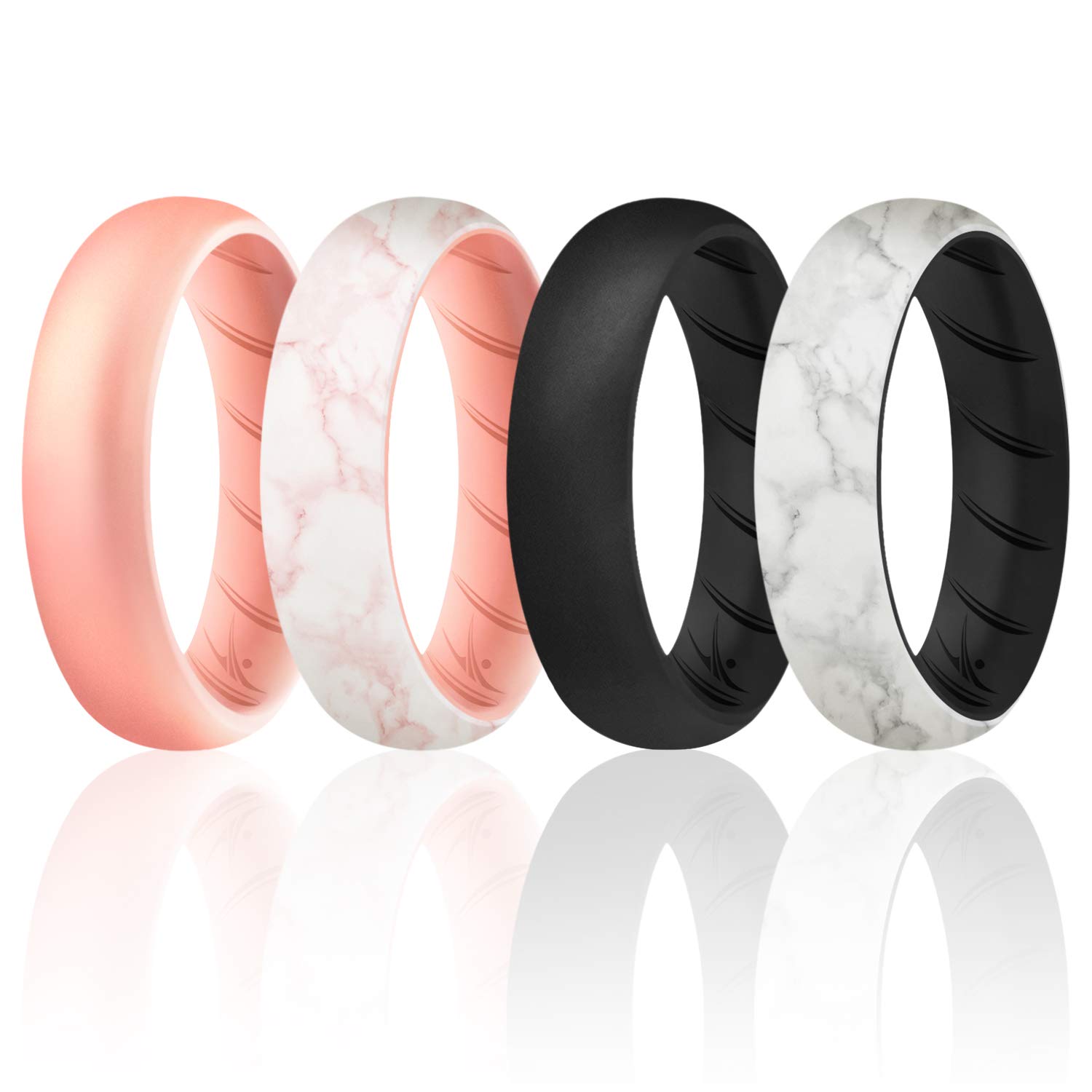 ROQ Silicone Rings for Women, Breathable Silicone Rings, Sets of 4 Bands, Unique Silicone Wedding Ring for Women, Medical Grade Silicone Rubber Band - Black, Rose Gold, Marble Colors - Size 5