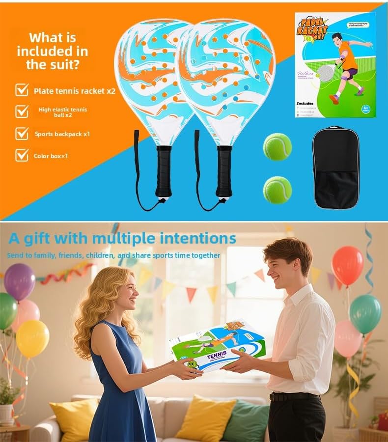 Miniatura 5 de Juego de 2 raquetas de pádel  Superficie ABS y núcleo de espuma EVA, palas de tenis de playa con 2 pelotas y bolsa de transporte  al aire libre,