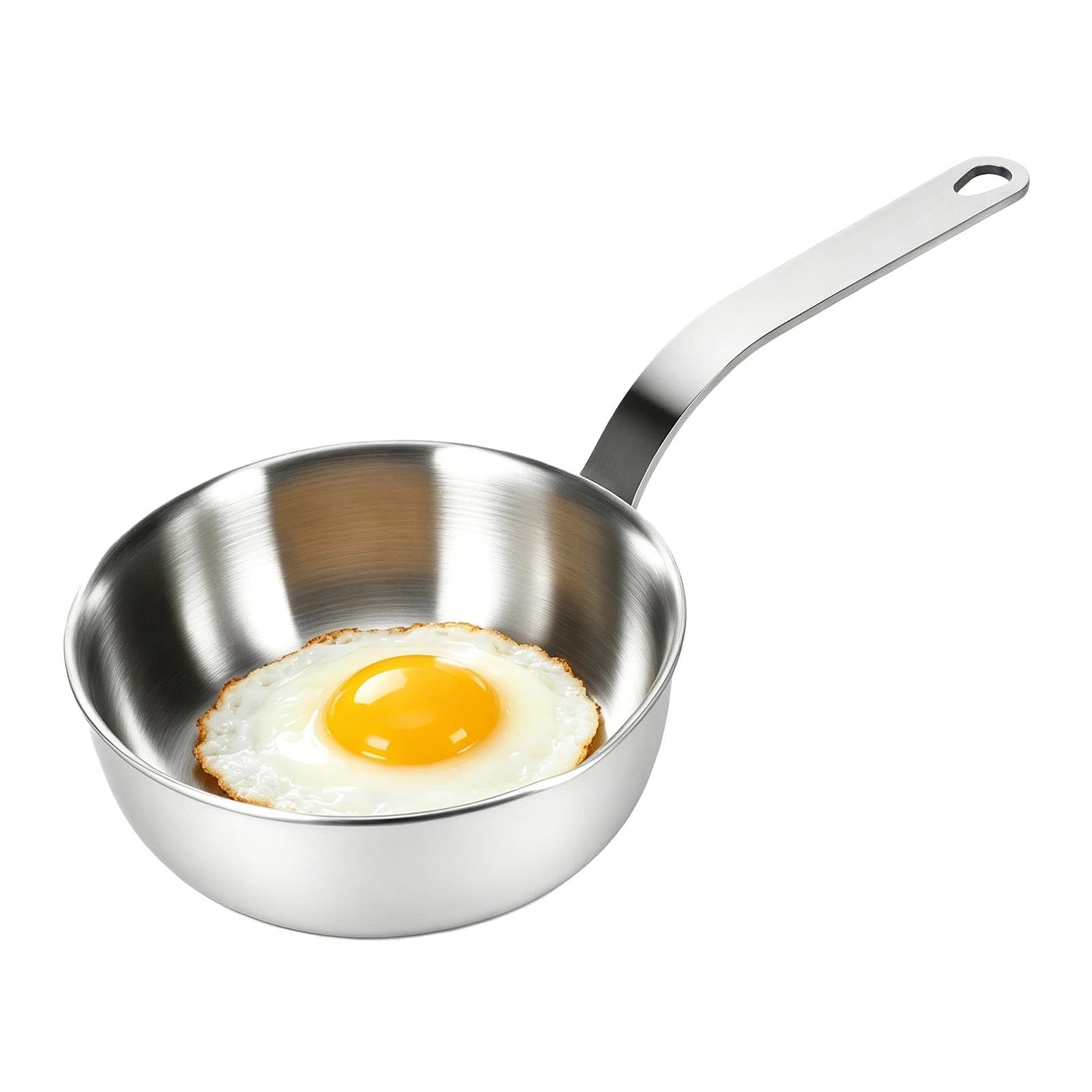JIUCHAOTONG Mini Egg Pan, 5 Inch 304 Stainless Steel Omelet Pan, Non-Stick Single Egg Frying Pan, Portable Butter Warmer with Pour Spout for Kitchen & Camping（Silvery）