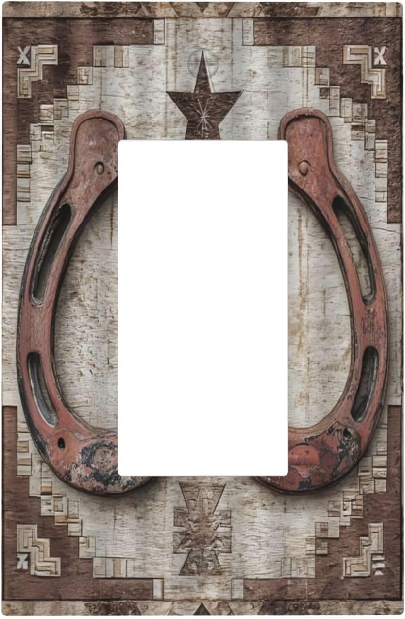 Farmhouse Western Horseshoe 1 Gang Single Rocker Light Switch Cover Decorative Country Rustic Vintage Wall Plate Switchplate Receptacle Lightswitch for Kitchen Bedroom