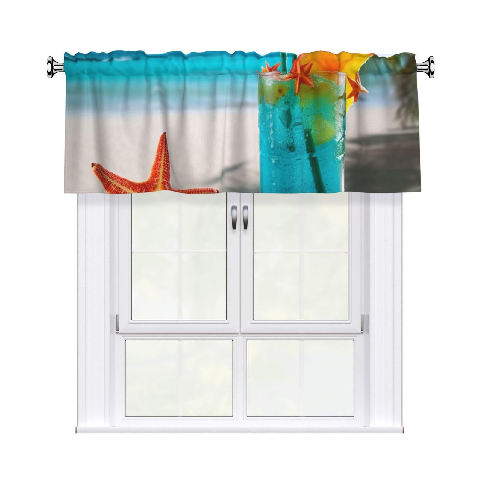 FekiLoot Tropical Cocktail with Starfish Curtain Valance for Windows, Kitchen Window Valances Rod Pocket Window Treatments Short Curtains Drapes for Bathroom Bedroom Cafe Decor 54x18inch 1 Panel