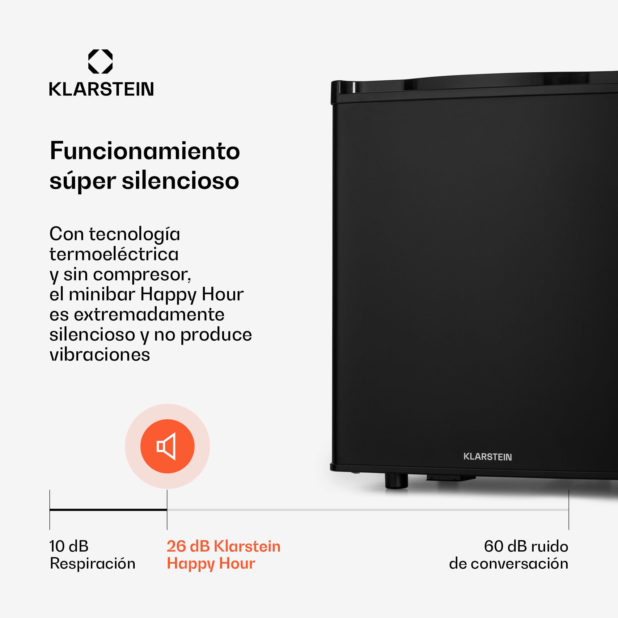 KLARSTEIN Happy Hour Mini Nevera para Dormitorio, Nevera Pequeña para Bebida y Comida, Neveras Pequeñas Iluminación Interior, Estantes Ajustables, para Habitaciones. Oficina, Camping, 6-18°C, 45L
