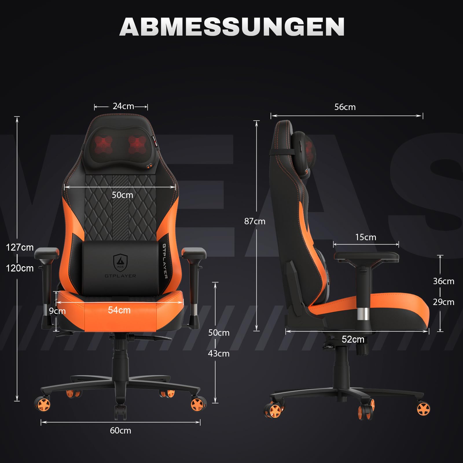 GTPLAYER Gaming Stuhl mit Massage, Gamer Stuhl mit Taschenfederkissen Fußstütze, Ergonomischer Gaming Sessel Bürostuhl 4D Armlehnen,Orange
