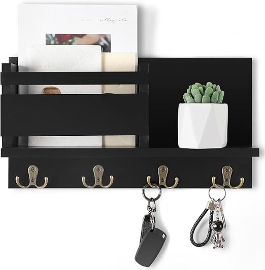 Key and Mail Holder for Wall Decorative - Rustic Mail Organizer Wall Mount, Wooden Letter Sorter Organizer with 4 Key Rack Hooks for Hallway Kitchen Farmhouse Decor (16.5” x 9.1” x 3.4”) (Black)