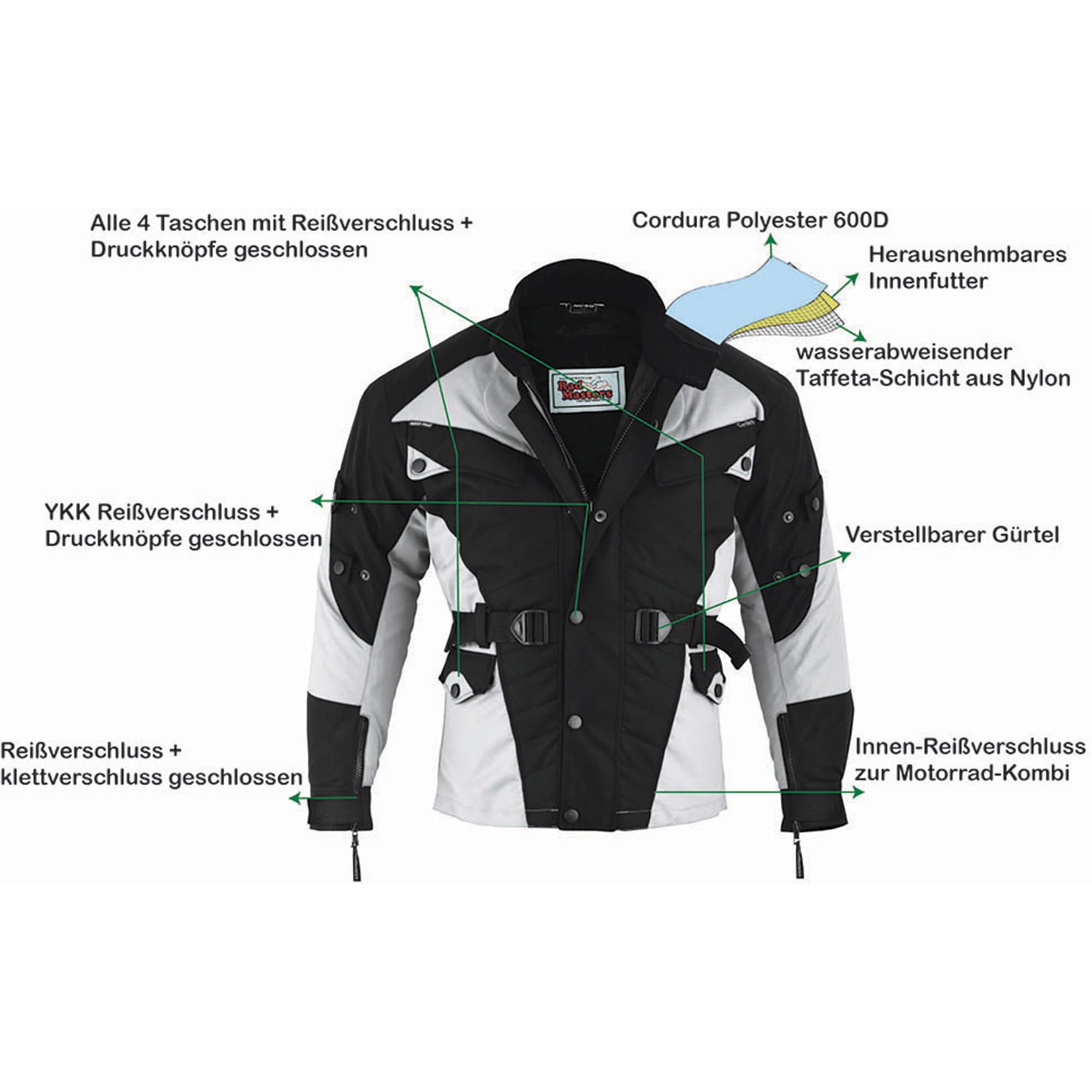German Wear Motorradjacke herren mit geprüfte protektoren motorrad jacke herausnehmbar futter wasserabweisend viele Taschen sommer leicht wassarfest textil Schwarz/Hellgrau