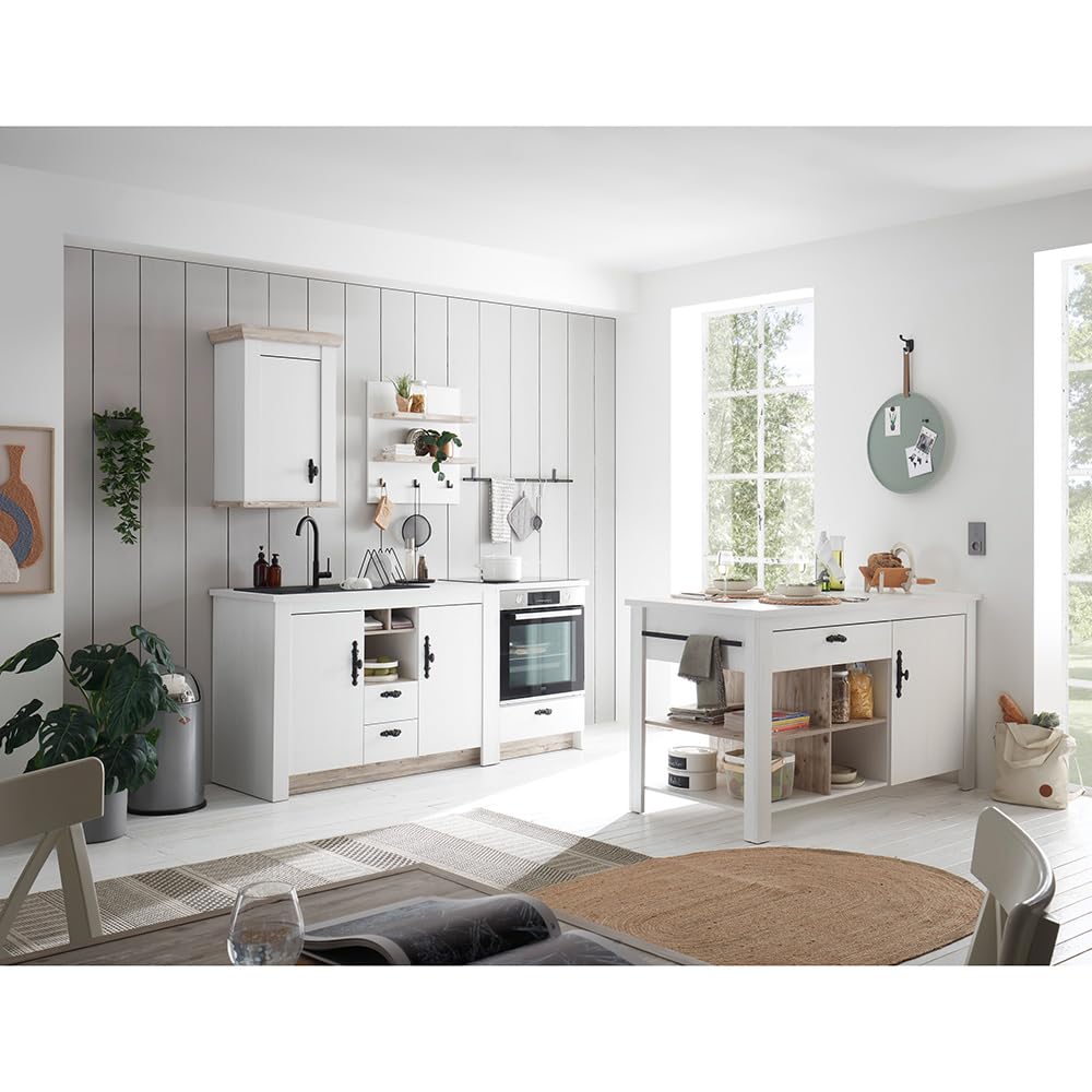 Lomadox Küchen Set 5-teilig in Pinie weiß Nb. mit Absetzungen in Pinie dunkel Nb., im Landhaus Stil Softclose-Funktion Spülenschrank Hängeschank Theke