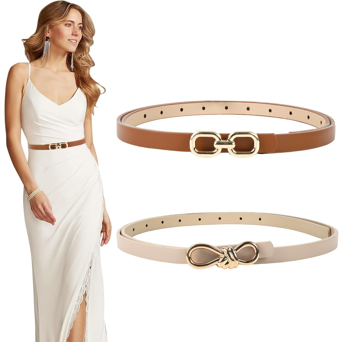 2Pcs Belt for Women Dresses Jeans Fashion Waist Belts for Women, PU Slim Belt for Blazer Dress Shirt - Beige & Brown, Elegant Gold Metal Buckle, Tuck and Pin Closure, Fits Waits 35-39inch