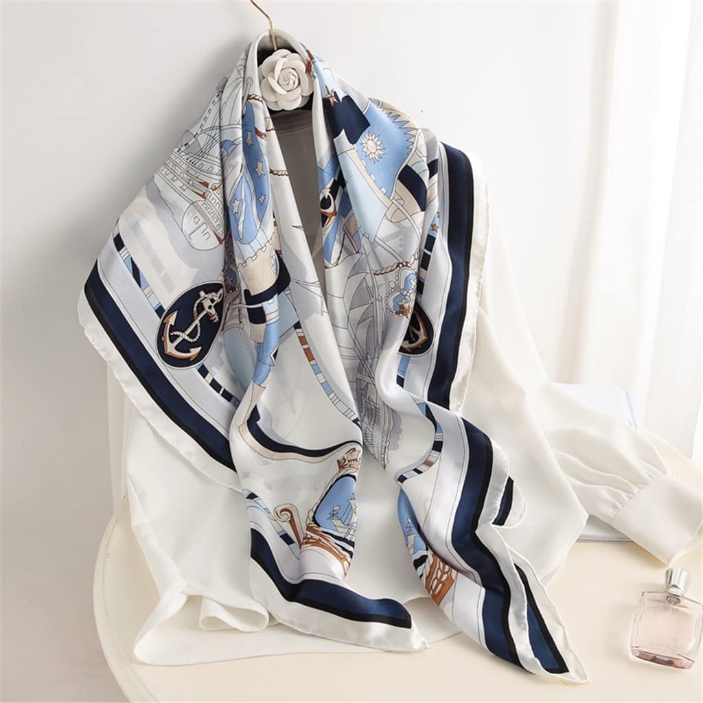 BATLAM Sciarpa Quadrata Grande in Seta Bianca e Blu Sciarpa in Seta di gelso da Donna Scialle Primaverile e Autunnale Festa della Donna (Color : A, Size : One Size) (A One Size)