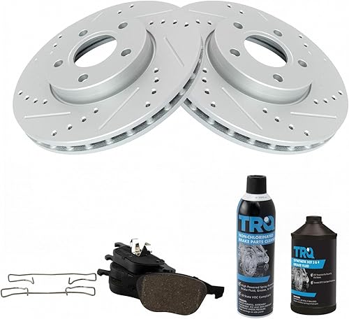 TRQ Rotor de freno de rendimiento perforado ranurado y almohadilla de cerámica Kit delantero w/productos químicos