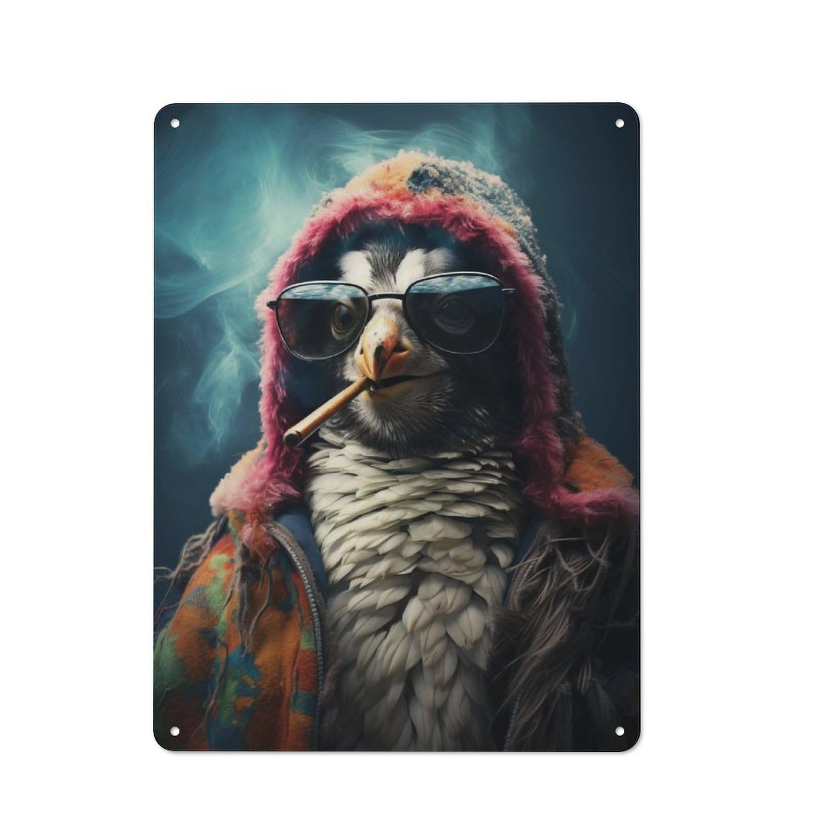 Junmoney Hippie Penguin Smoking Metal Plaque 40X30cm With For Garage Wall, Vintage Decor, For Vintage Wall Decor Fans, For Metal Sign Collectors