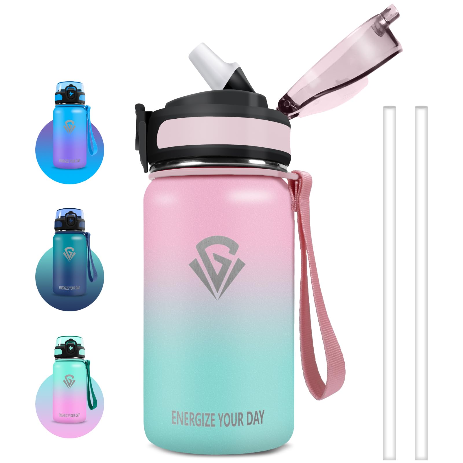 GrstaStainless Steel Drinking Bottle with Straw, BPA-Free, Leak-Proof Drinking Bottle for Boys and Girls, Easy to Clean, Children's Drinking Bottle, 500 ml, for School, Office, Cafe, Sports