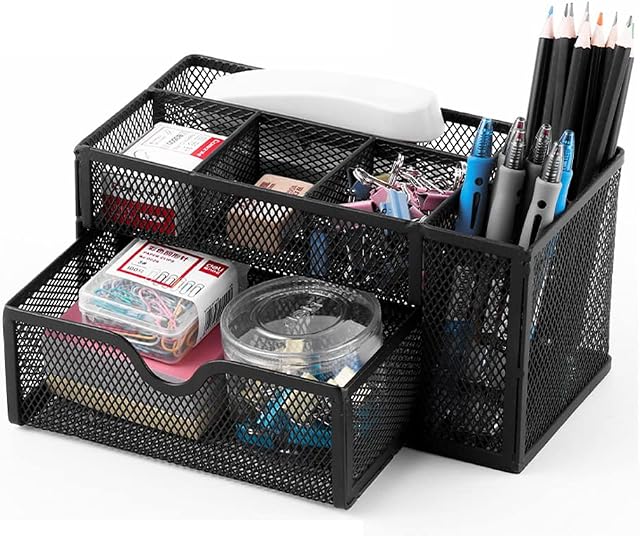 Mesh Desk Organiser with Drawer, Multi-Functional Pen Holder Desk Tidy Stationery Storage Rack for Home Office School Supplies Accessories Caddy (Black)