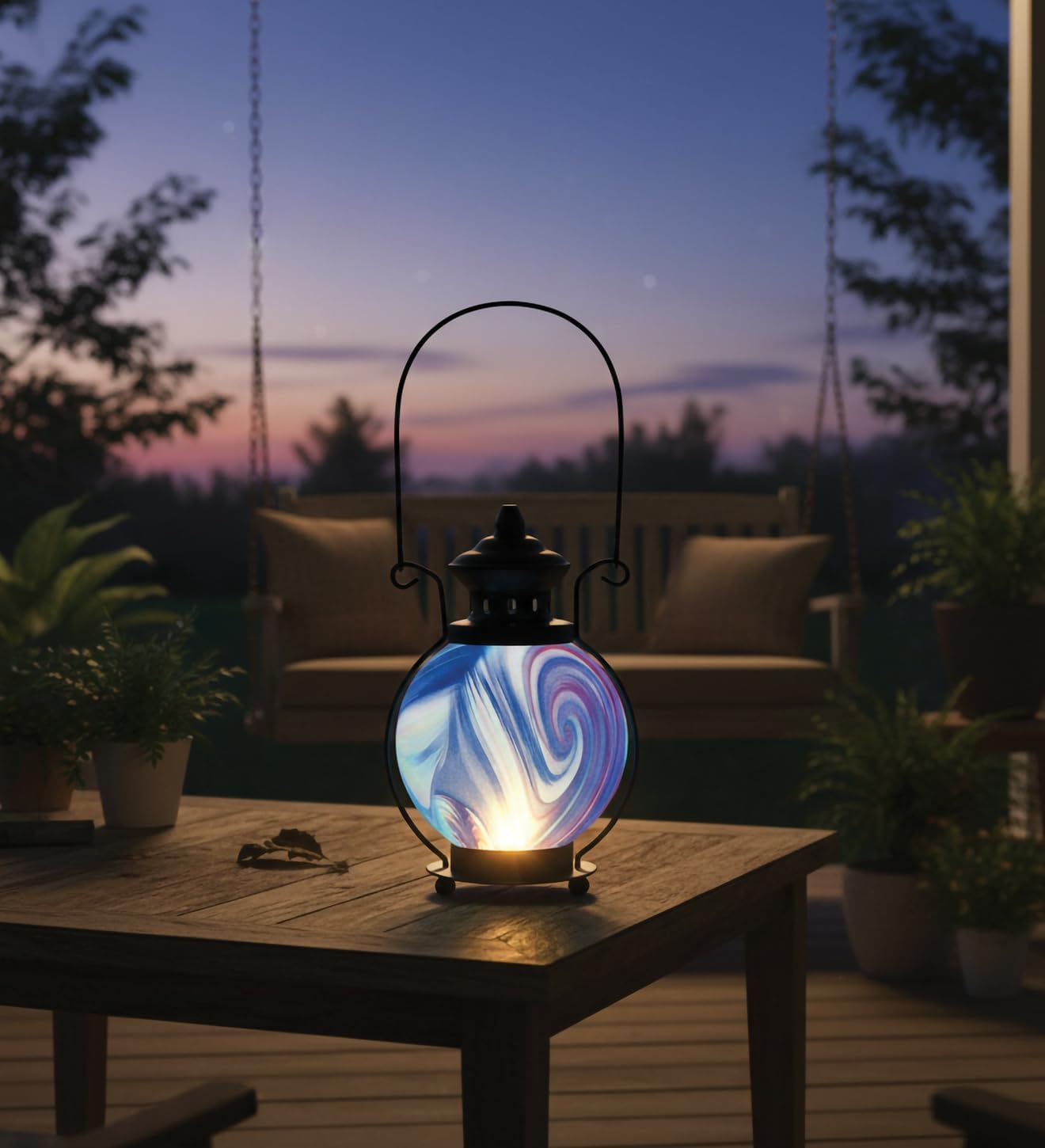 Regal Art & Gift Decorative LED Lantern for Home Décor | Metal and Glass Indoor Accent Light | Swirl Design Table Lantern for Living Room, Bedroom Ambient Lighting - Purple