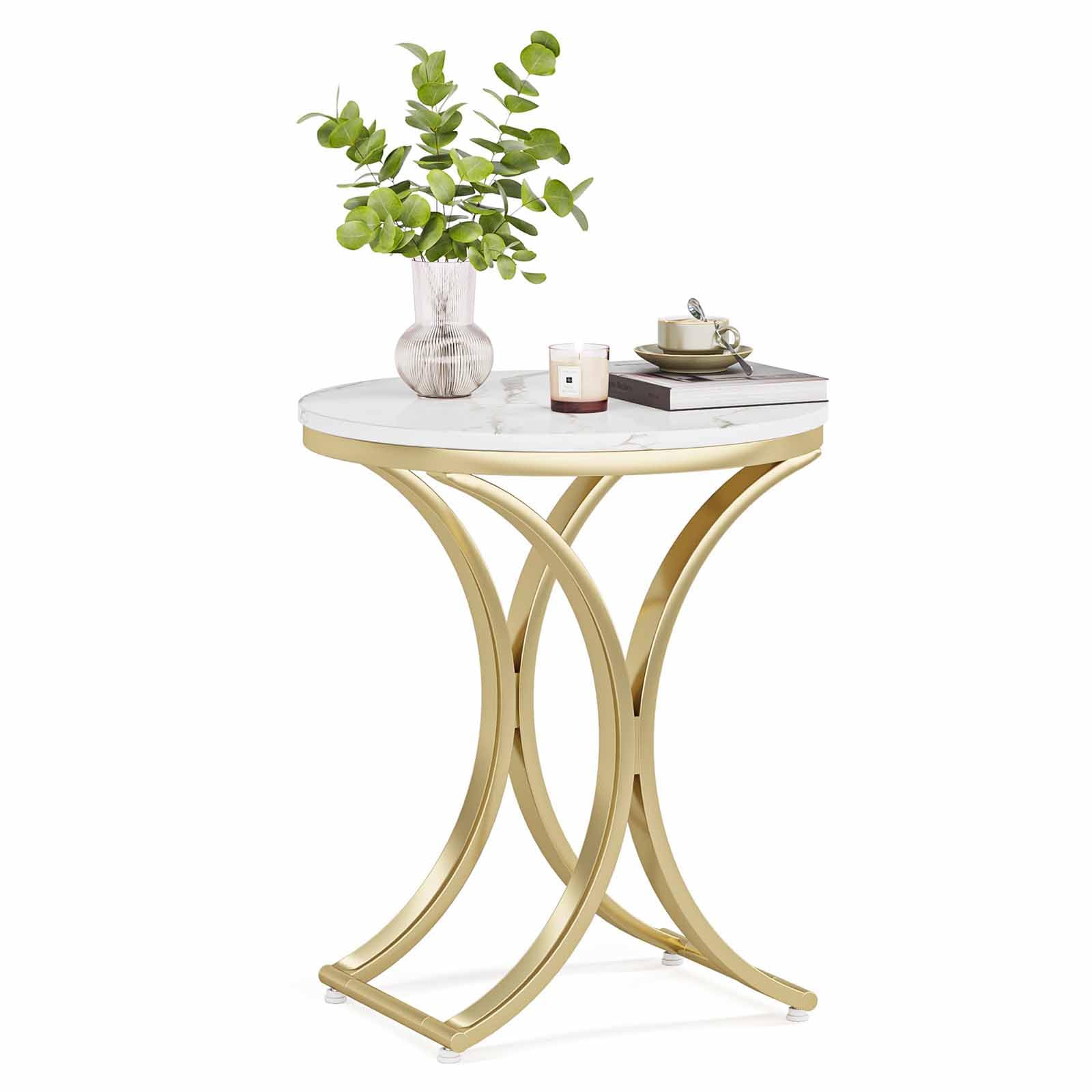 SXZenSpace Small Round Sofa Side Table, Contemporary Coffee Accent Bedside White And Gold End Faux Marble Table