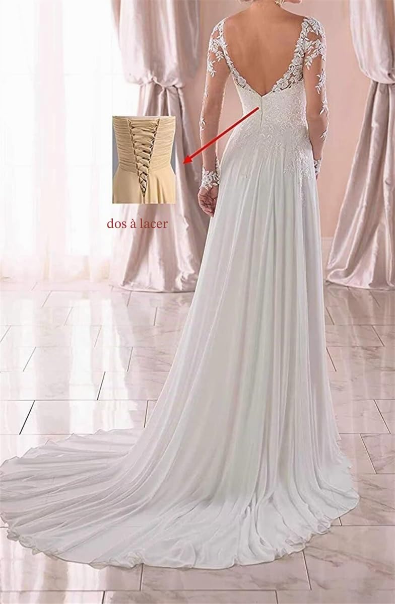 YIANN Robe de mariée à manches longues en dentelle avec col en V et mousseline de soie élégante