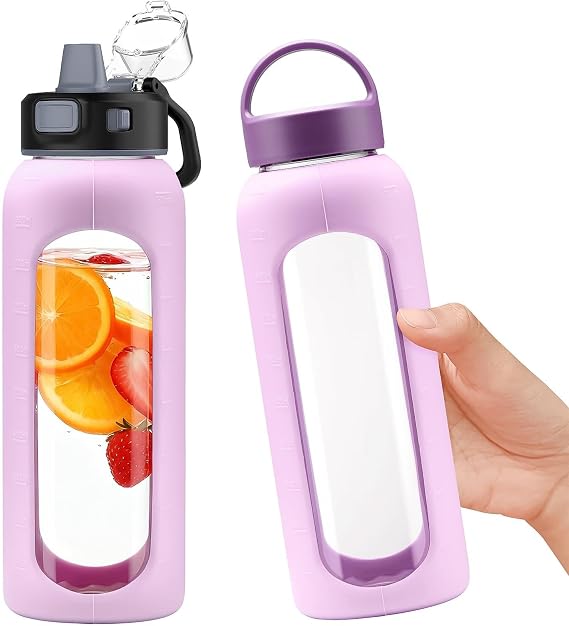 BLUEGO 900ml Botella de agua de vidrio con 2 tapas-Tapa con cierre de un toque y asa Botella reutilizable con indicador de tiempo para Viajes Casa Gimnasio Deportes Libre de BPA, Negro
