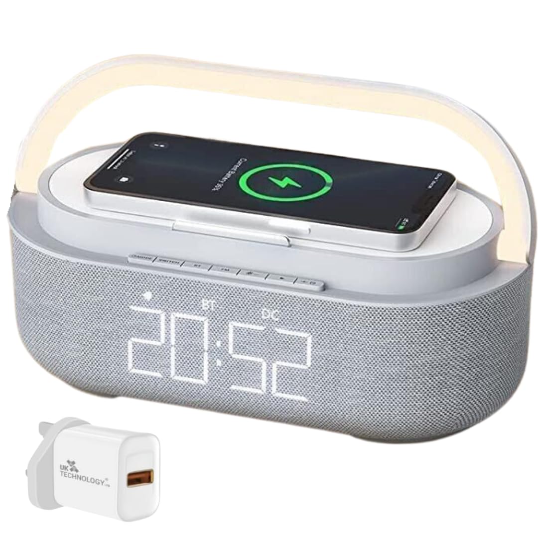 UK Technology Alarm Clocks Bedside, Alarm Clock with Wireless Charging, Bluetooth Speaker, Radio Alarm Clock, Fast Qi Wireless Charger, Mains Powered, FM Radio, Dimmable Display, Grey