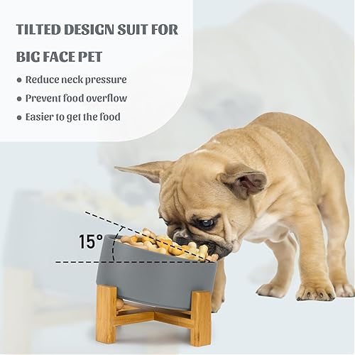 Miniatura 2 de SPUNKYJUNKY Cuenco de cerámica inclinado de 15 para perros y gatos con soporte de madera, cuenco inclinado para comida y agua para bulldog,