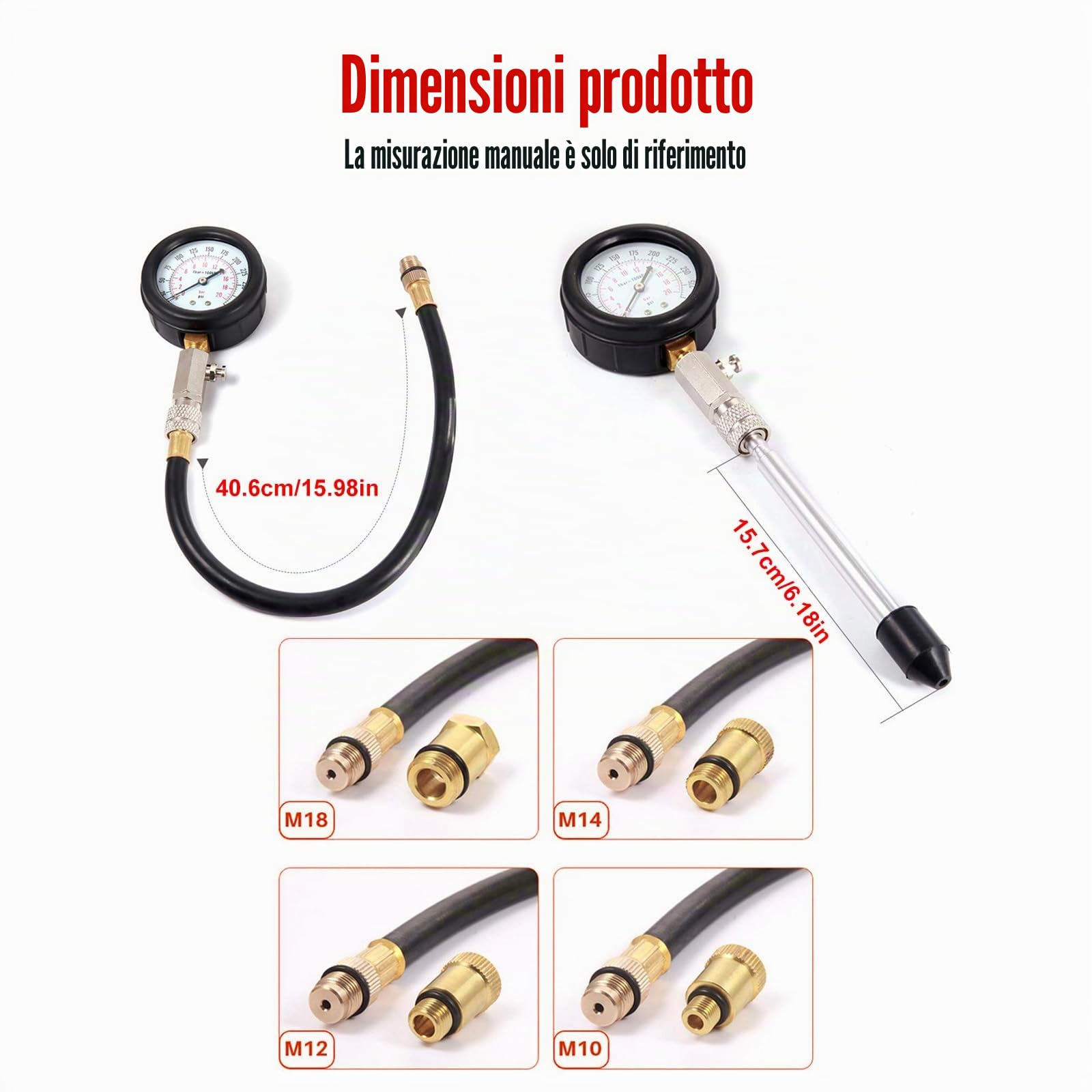 Kit Tester di Compressione per Auto: Set di 4 Adattatori e Valigia, Misuratore di Compressione Motore a Benzina 0-20 Bar o 0-300 PSI, per Camion, Moto