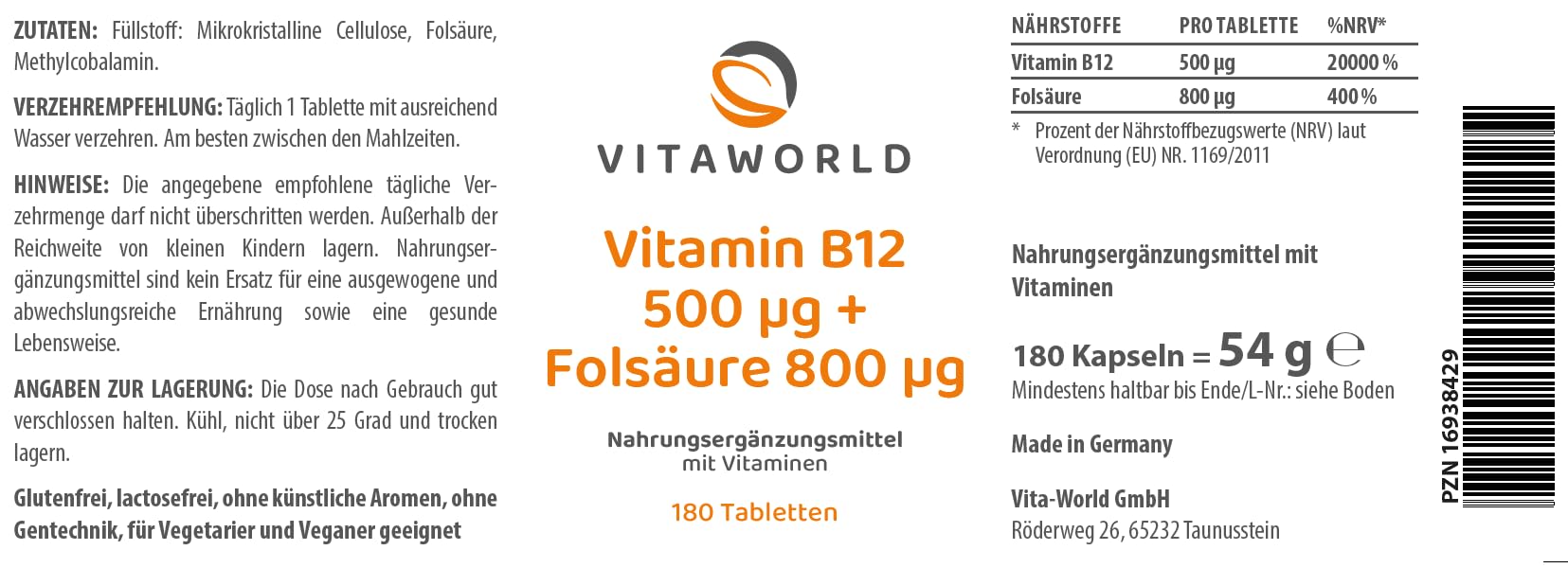 3er Pack Vita World Vitamin B12 500 µg + Folsäure 800 µg 3 x 180 Tabletten Vegan/Vegetarisch Apotheker-Herstellung
