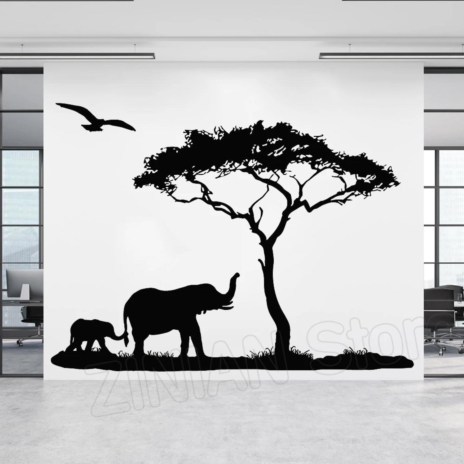WEIMEIJIE Mother Elephant Tree Wall Sticker African Savannah Animal Zoo Nursery Children's Room Decoration Jungle Sticker