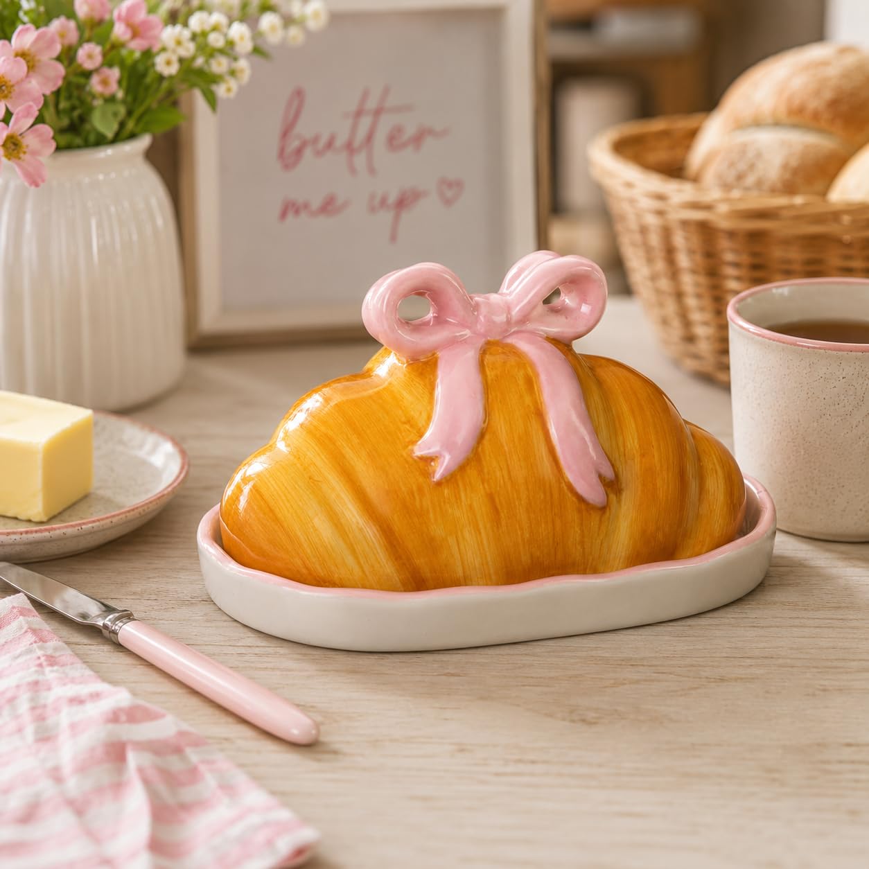 New Adorable Decorative Croissant Shaped Butter Dish with Pink Bow Lid, Striped Base and Butter Me Up Slogan for Breakfast Table Kitchen Decor-A36