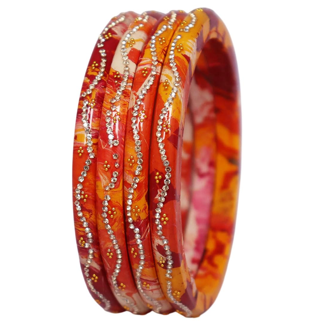 Designer Rajasthani Pure Lac Bangles for Women | Handmade Ethnic Rhinestone Wave Pattern Glossy Bangles Set of 4-picture-24