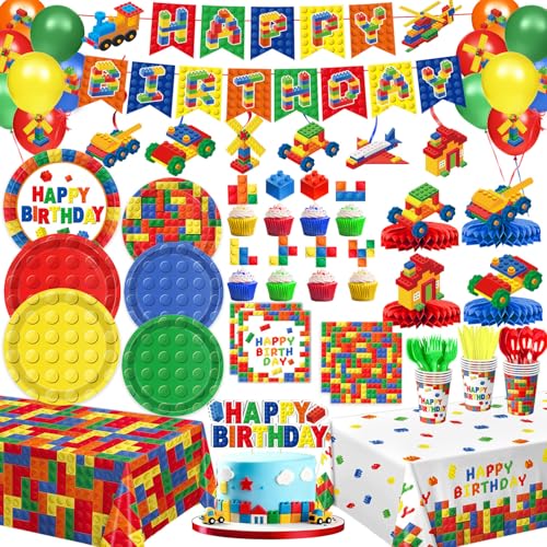 Building Block Birthday Party Supplies Colorful Building Block Plates Napkins Cups Tablecloth Banner Hanging Swirls Balloons Honeycomb Centerpieces for Birthday Party Serves 24