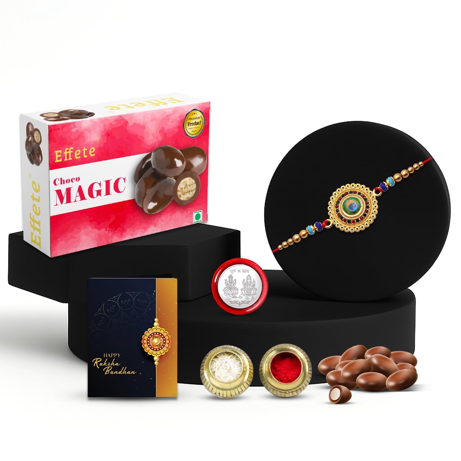 Oblivion Rakhi With Effete Choco Magic 32gm With Pooja Coin & Greeting Card,Gift Set, Hamper, With Chocolate (K1_130_CM3