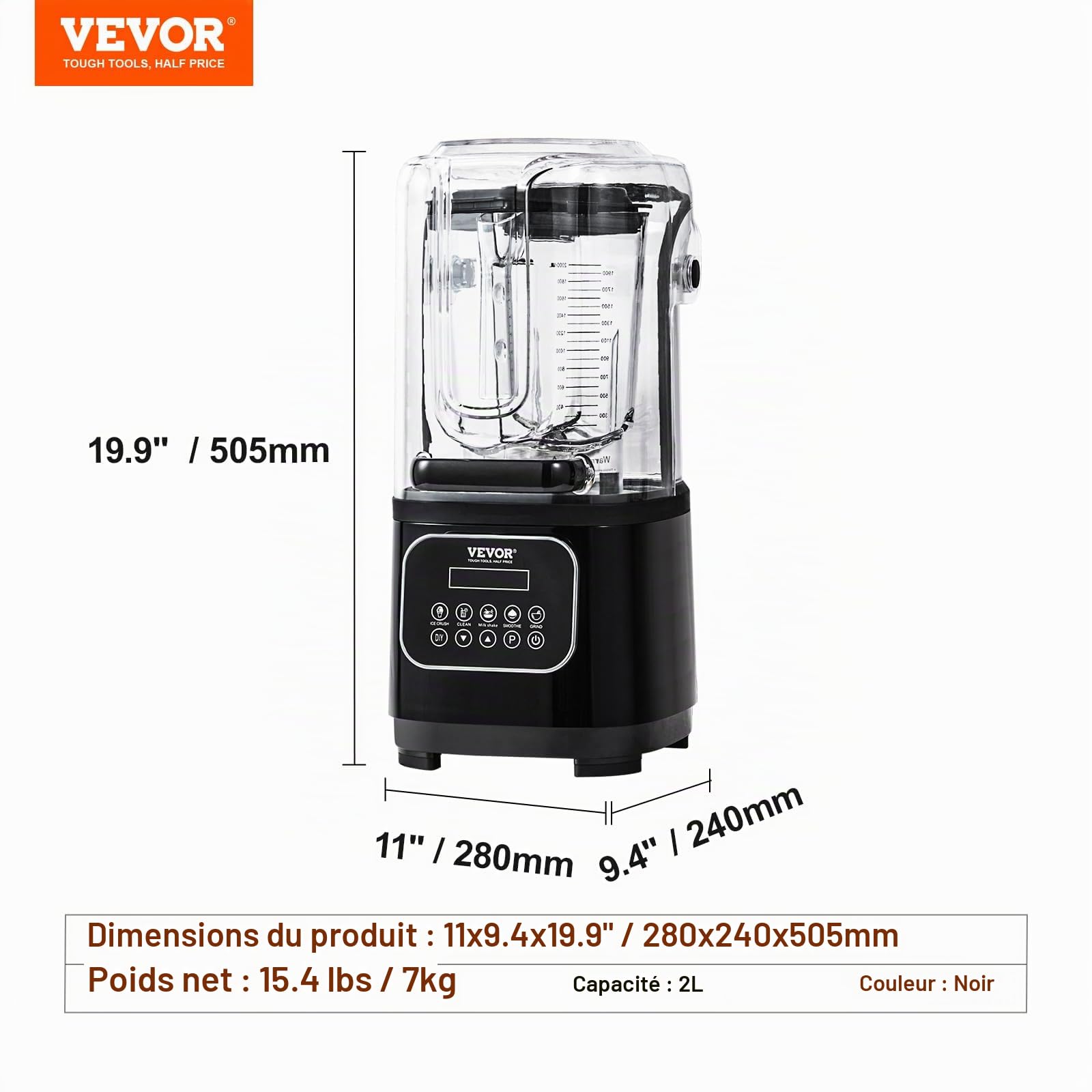VEVOR Mixeur Professionnel 2 L, Blender Électrique de Comptoir, Mélangeur Multifonctionnel avec Bouclier et Bol en Plastique, 9 Vitesses et 5 Fonctions, pour Boissons Glacées Milk-shakes Smoothies