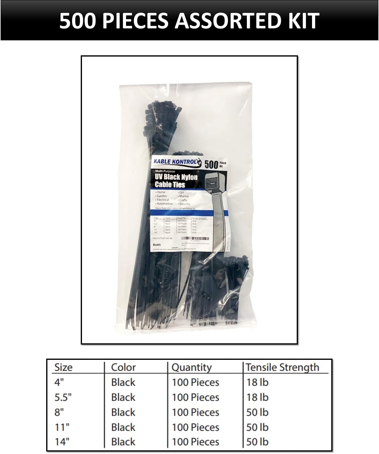 Kable Kontrol Zip Ties Assorted Sizes 500 Pcs Variety Pack Kit, 4+5.5+8+11+14 Inch Bulk Zipties Multi Pack Cable Tie Wraps, UV Resistant Nylon Wire Ties, for Indoor Outdoor Cable Management, Black