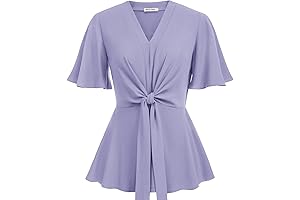2024 Women's Yellow Lilac V Neck Peplum Tops and Tie Front Short Bell Sleeve Shirts