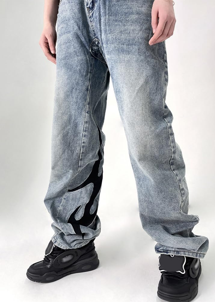 ORANDESIGNE Herren Jeans Baggy Jeans Hip Hop Straight Leg Gewaschen Jeanshose Casual Denim Hosen Vintage Bedruckte Jeans Teenager Skateboard Hose Streetwear