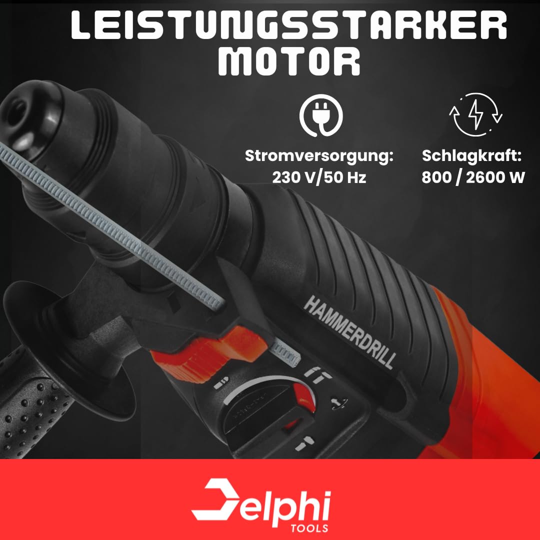 DELPHI Set Trapano A Percussione SDS Plus - Trapano a percussione SDS 6/8/10mm 800W/2600W 4J Frequenza Di Corsa 4000/min - Martello A Percussione Per Foratura Impugnatura Aggiuntiva 15 Accessori
