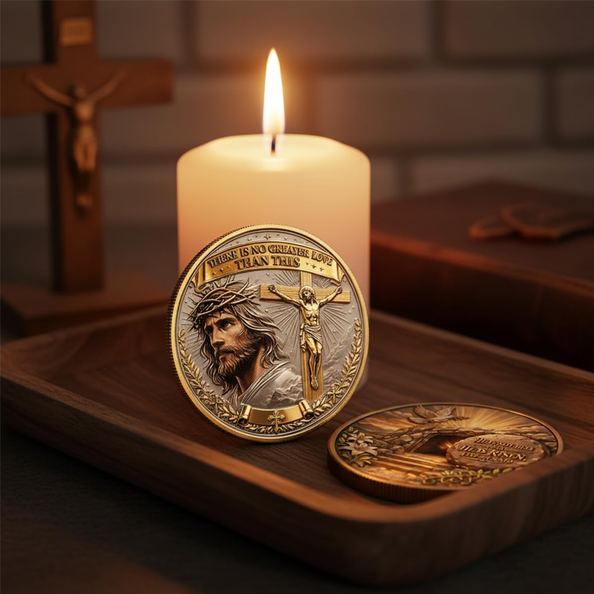No Greater Love Resurrection Commemorative Coin, Christian Challenge Coin with Jesus Cross Crown of Thorns, “He is Risen” Empty Tomb Bible Verse Token, Religious Keepsake for Believers (10PCS)