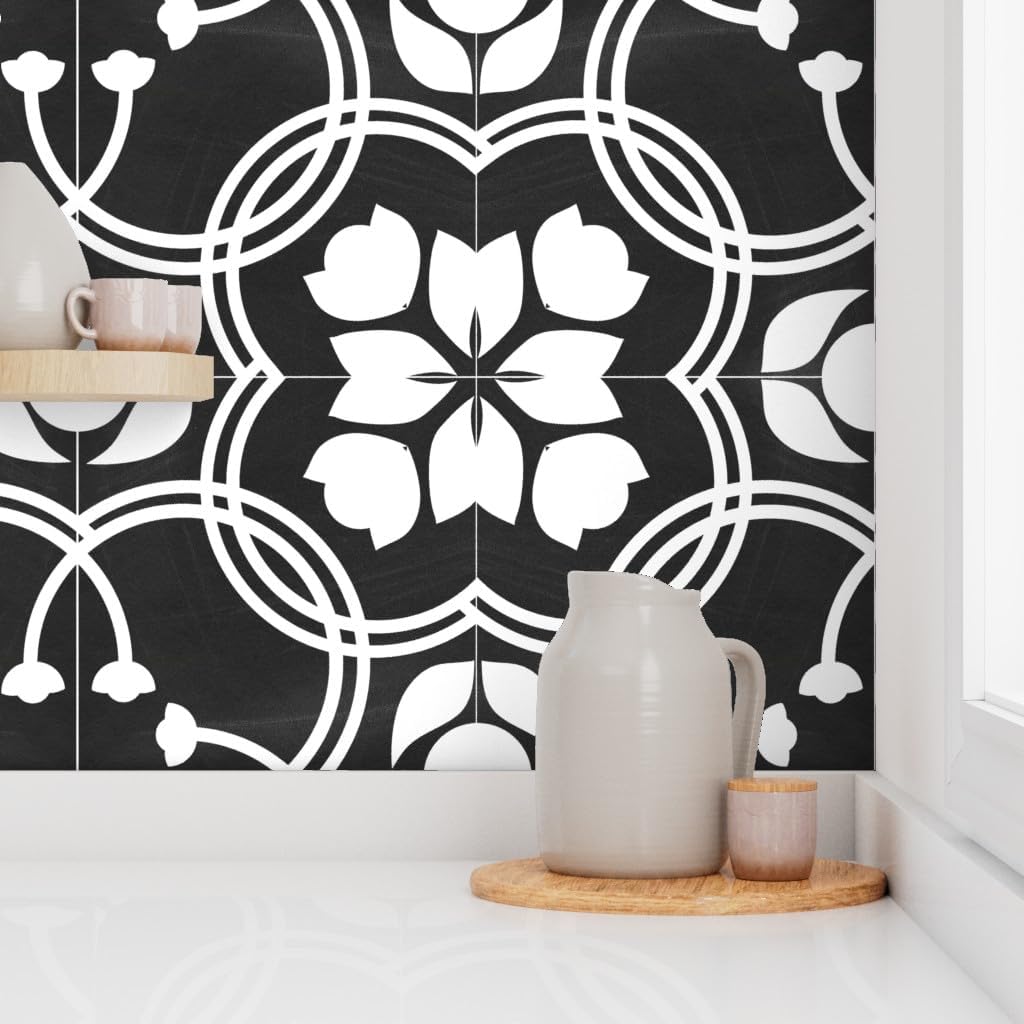 Peel & Stick Wallpaper 3ft x 2ft - Modern Farmhouse Tile Traditional Spanish Tiles Black White Floral Florals Geo Custom Removable Wallpaper by Spoonflower