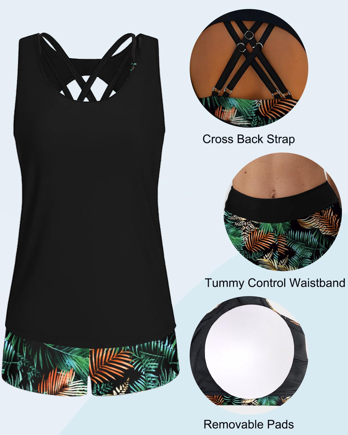 CheChury Maillot de Bain Tankini 3 Pièces pour Femme Haut Débardeur Ample Haut de Maillot Short Taille Haute Bretelles Réglables Imprimé AthléTique Ensemble Tankini