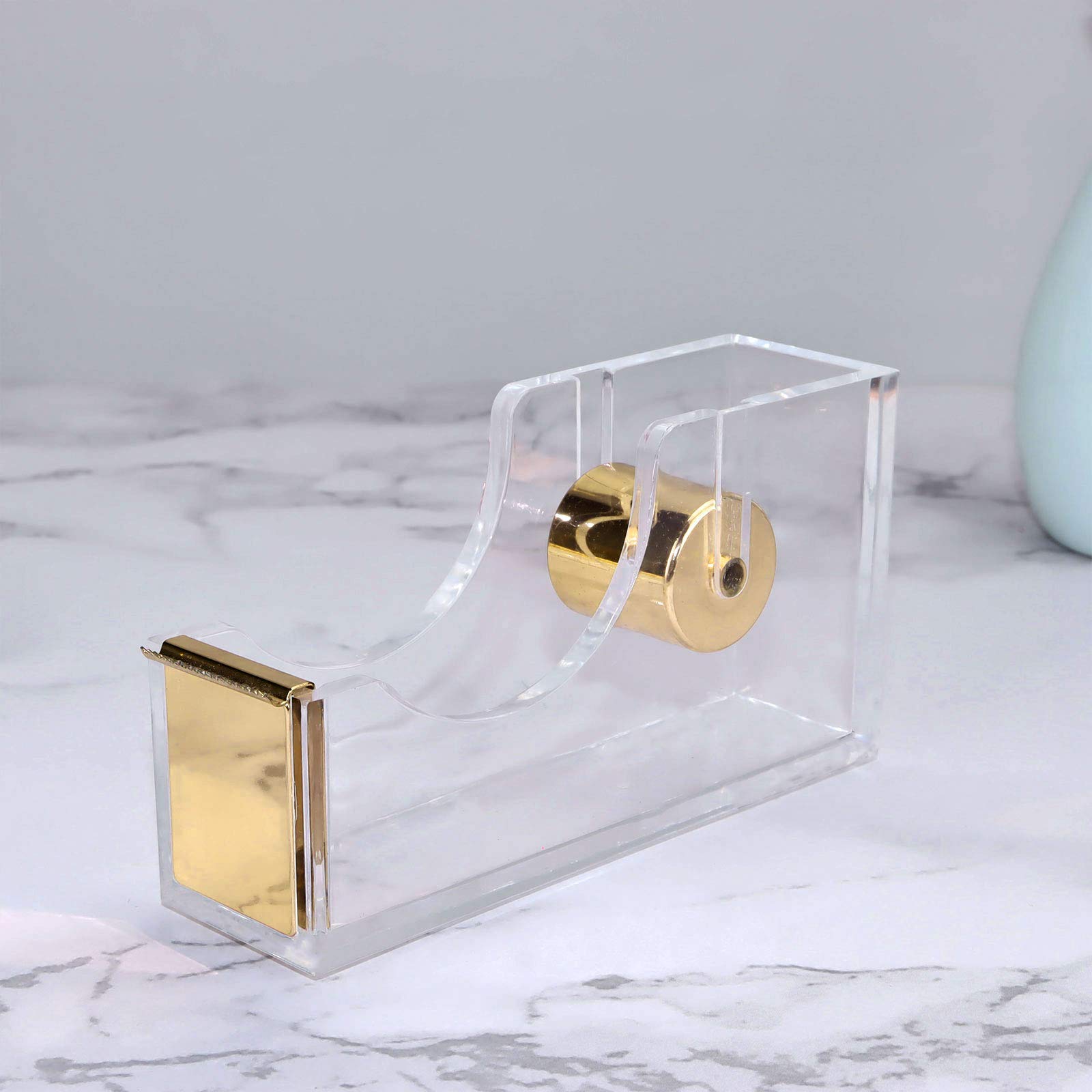 5-Piece Clear Gold Desk Set - Acrylic Stapler, Tape Dispenser, Pen Holder, Scissors & Pen - Glam Home & Office Supplies