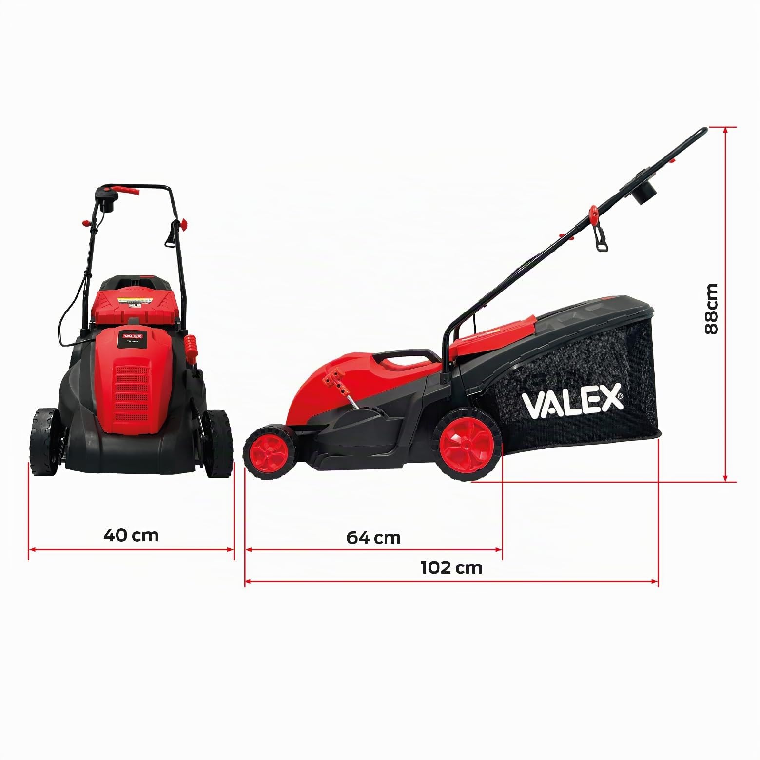 Valex TE1501 Tagliaerba Elettrico 1500W, Taglio Ø35/36 cm, 5 Altezze Centralizzate (20-70 mm), Cesto Raccolta 50L, Lama in Acciaio