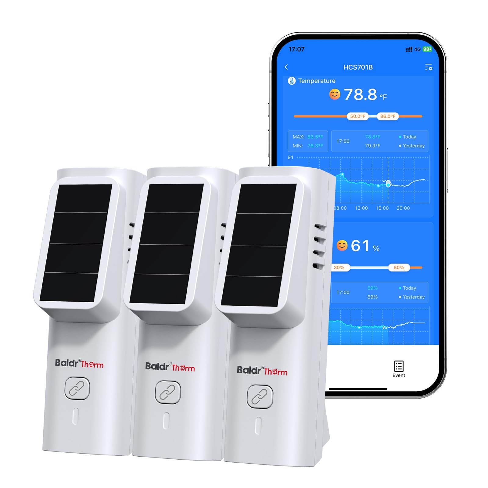 BaldrTherm Solar Bluetooth Temperature & Humidity Monitor, Wireless Thermometer with Date Storage, Real-Time Alerts, 262 Feet Connecting Range, Apply for Room Greenhouse, Pet Cages, 3pack