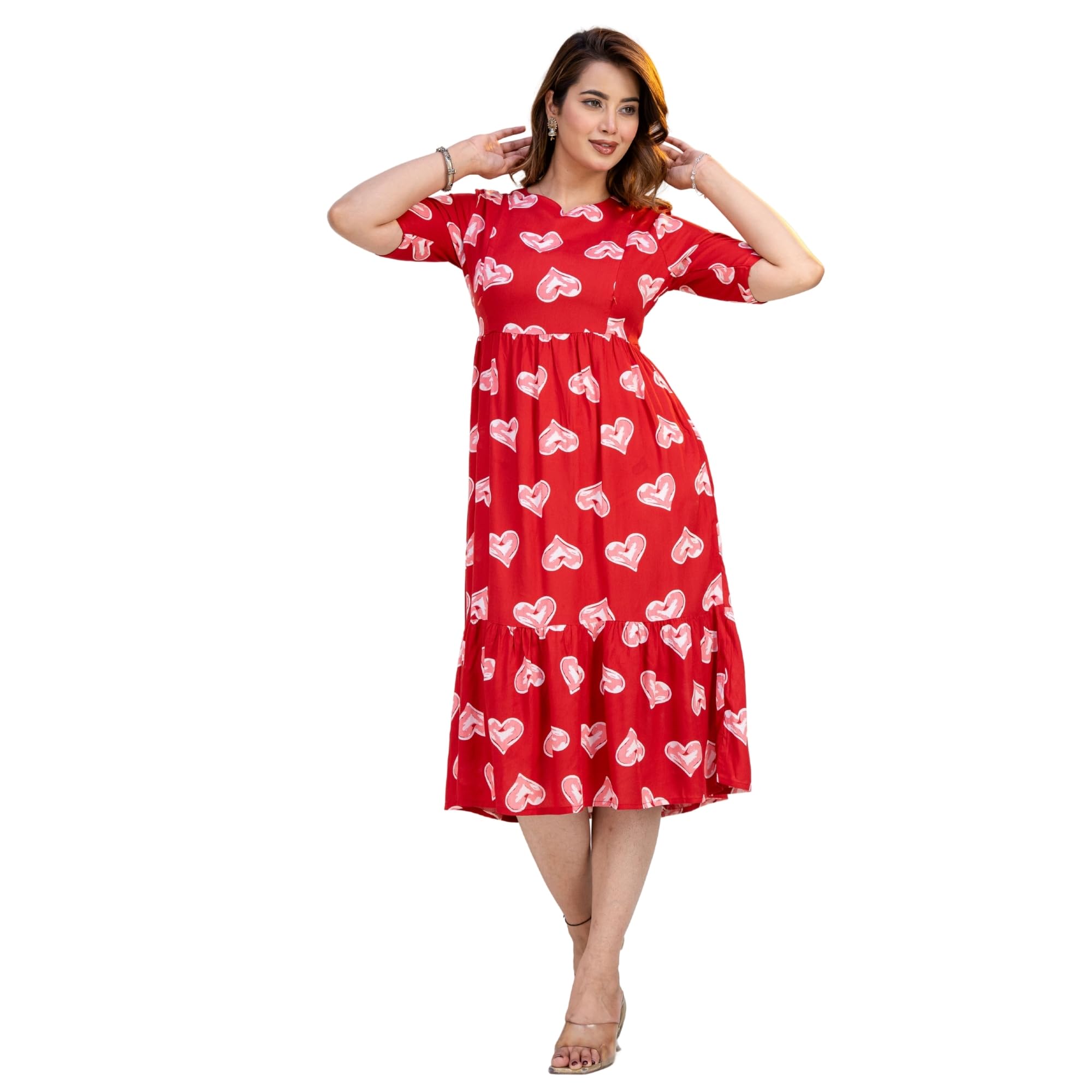 Maternity Dress for Women – Heart Print Midi Dress, Pregnancy Friendly A-Line Flowy Short Sleeve Summer Dress for Baby Shower & Casual Wear-image-37
