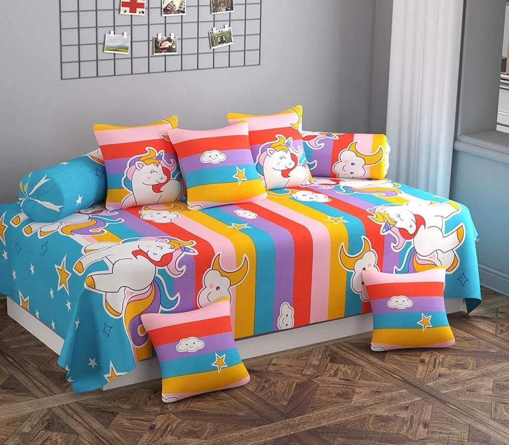 FASSCETE Soft Glace Cotton Designer Printed Diwan Set, 1 Single Bedsheet, 2 Bolster Covers, 5 Cushion Covers,Multicolor - 8 Piece-picture-16
