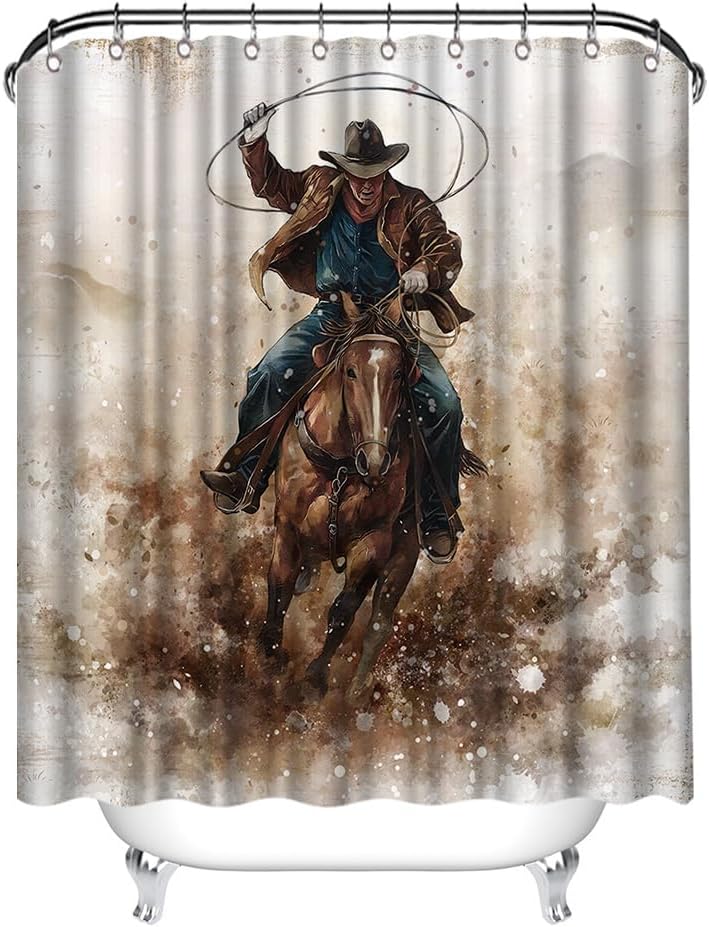 Western Cowboy Horse Riding Shower Curtain Brown and Gray Bathroom Decor with 12 Hooks 72x72 Inches